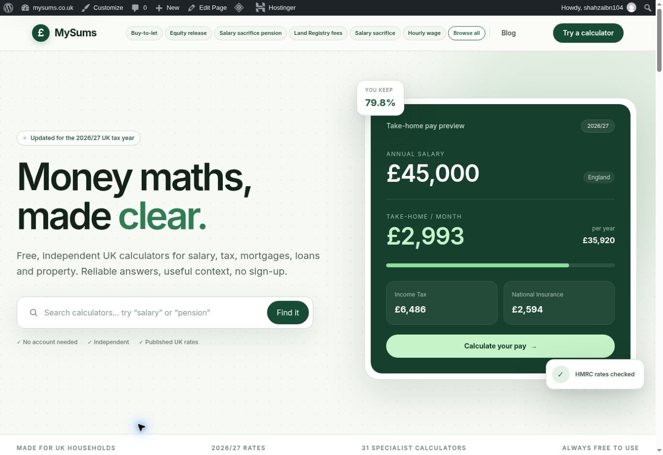 MySums UK calculator website homepage