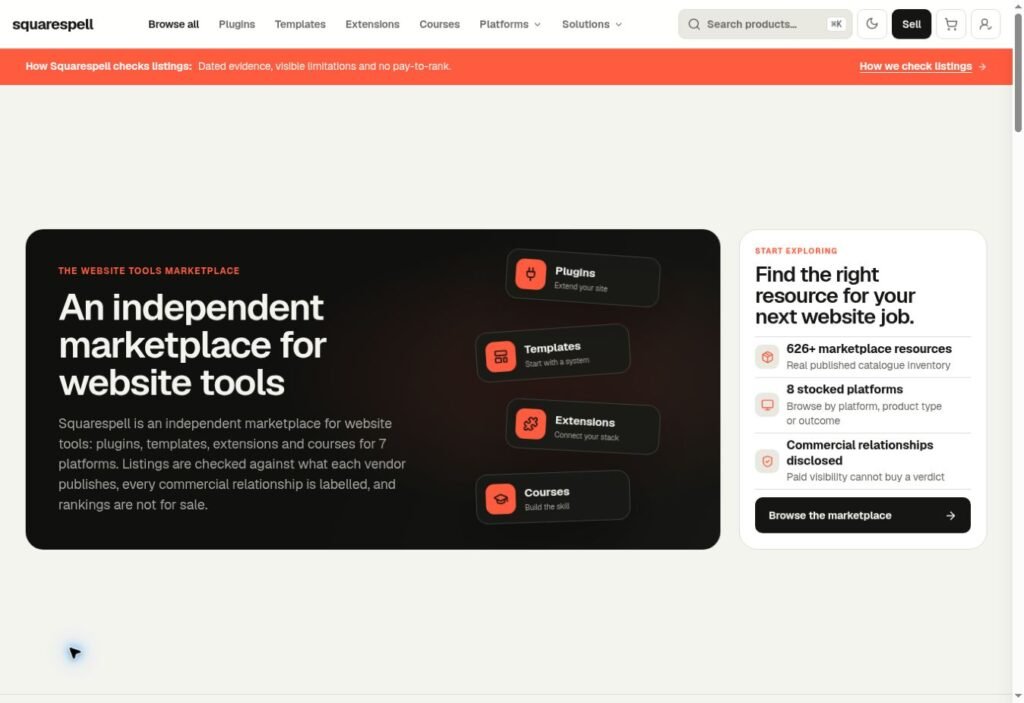Squarespell website tools marketplace homepage